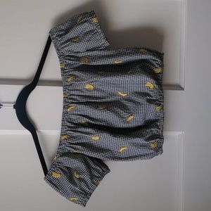 Gingham Puff Sleeve Crop Top with Embroidered Bananas Size M